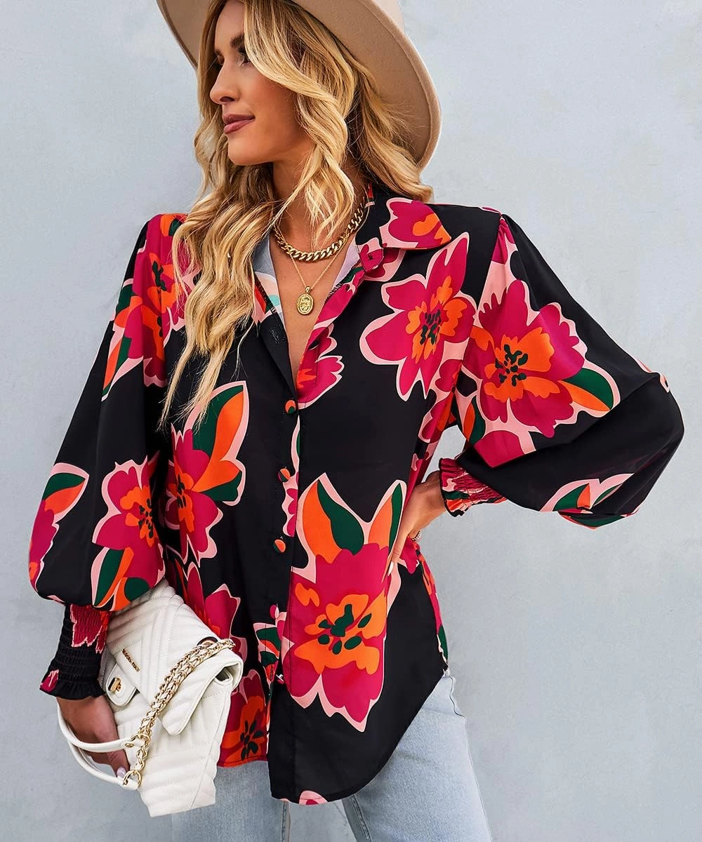 Women's Floral Print Blouse Long Sleeve Button Down Shirts Casual Dressy Blouse Shirts Tops