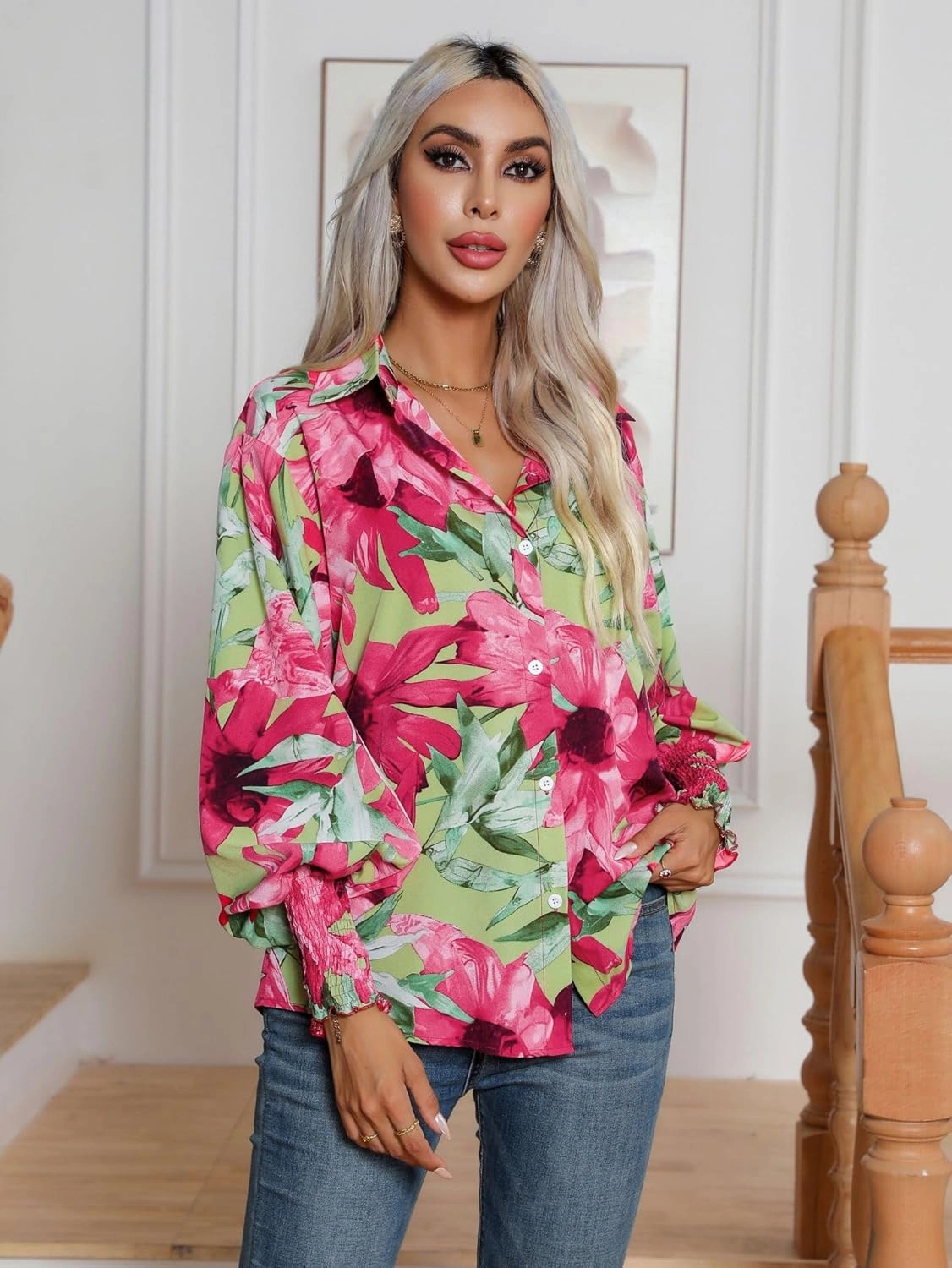Women's Floral Print Blouse Long Sleeve Button Down Shirts Casual Dressy Blouse Shirts Tops