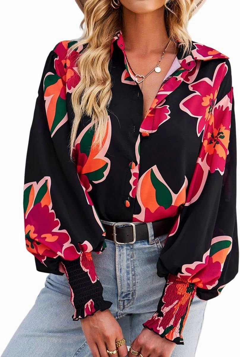 Women's Floral Print Blouse Long Sleeve Button Down Shirts Casual Dressy Blouse Shirts Tops