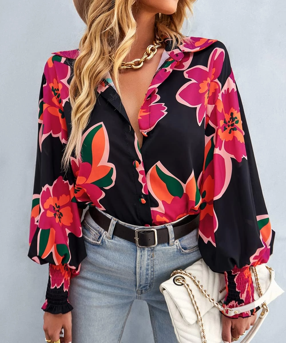 Women's Floral Print Blouse Long Sleeve Button Down Shirts Casual Dressy Blouse Shirts Tops