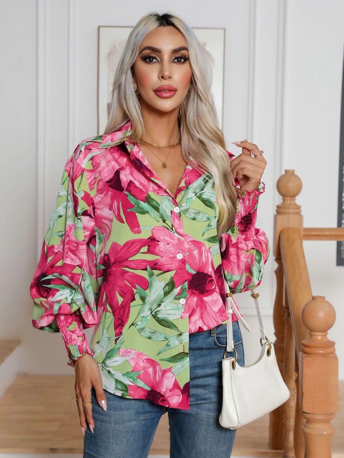 Women's Floral Print Blouse Long Sleeve Button Down Shirts Casual Dressy Blouse Shirts Tops