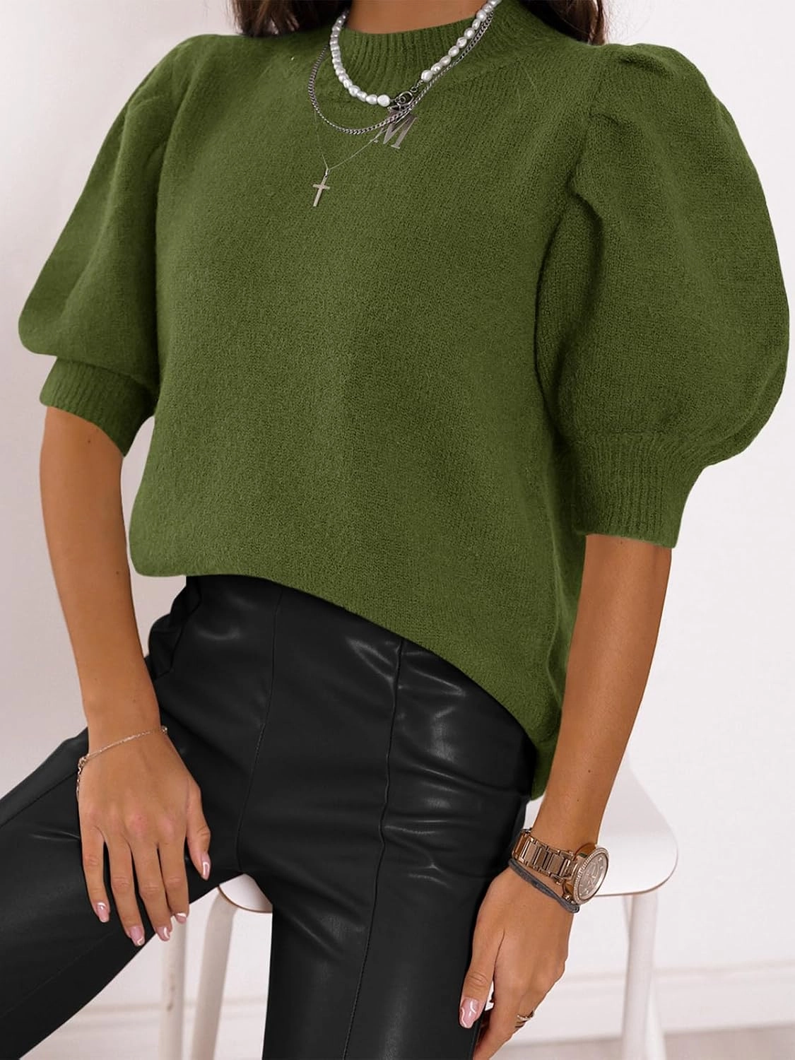 Women's Puff Short Sleeve Sweater Tops 2025 Spring Summer Trendy Crew Neck Casual T Shirts Blouses