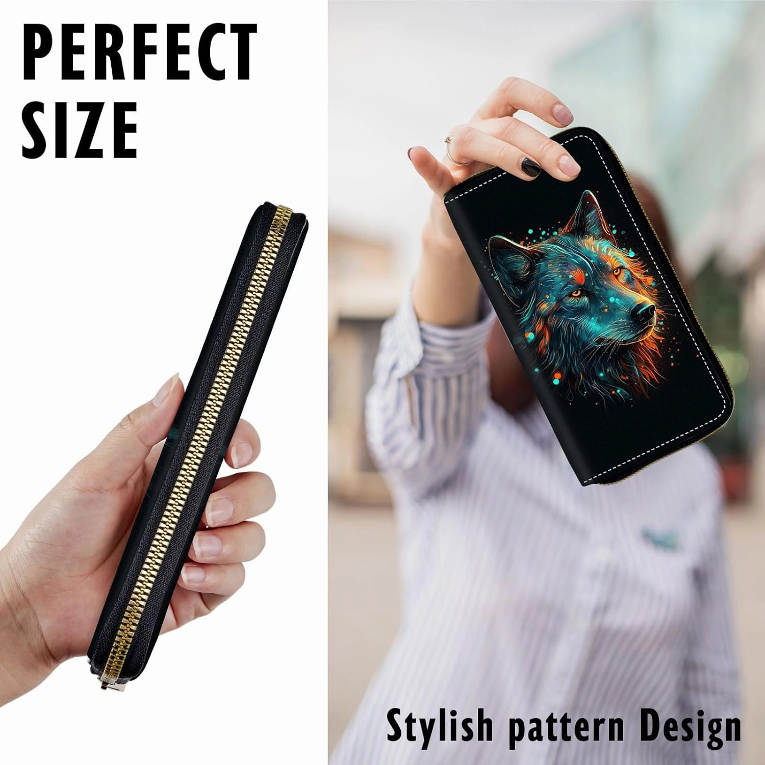 Women Wallets Large Capacity Clutch Purse for Men Women Ladies Slim Purse Credit Card Holder, RFID Blocking Wristlet Cell Phone Wallet for Men Women, Wolf