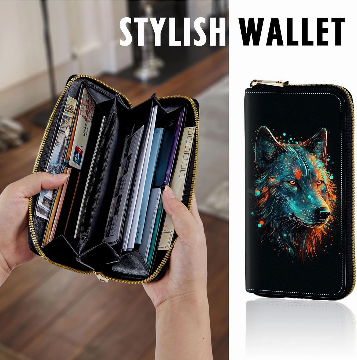 Women Wallets Large Capacity Clutch Purse for Men Women Ladies Slim Purse Credit Card Holder, RFID Blocking Wristlet Cell Phone Wallet for Men Women, Wolf
