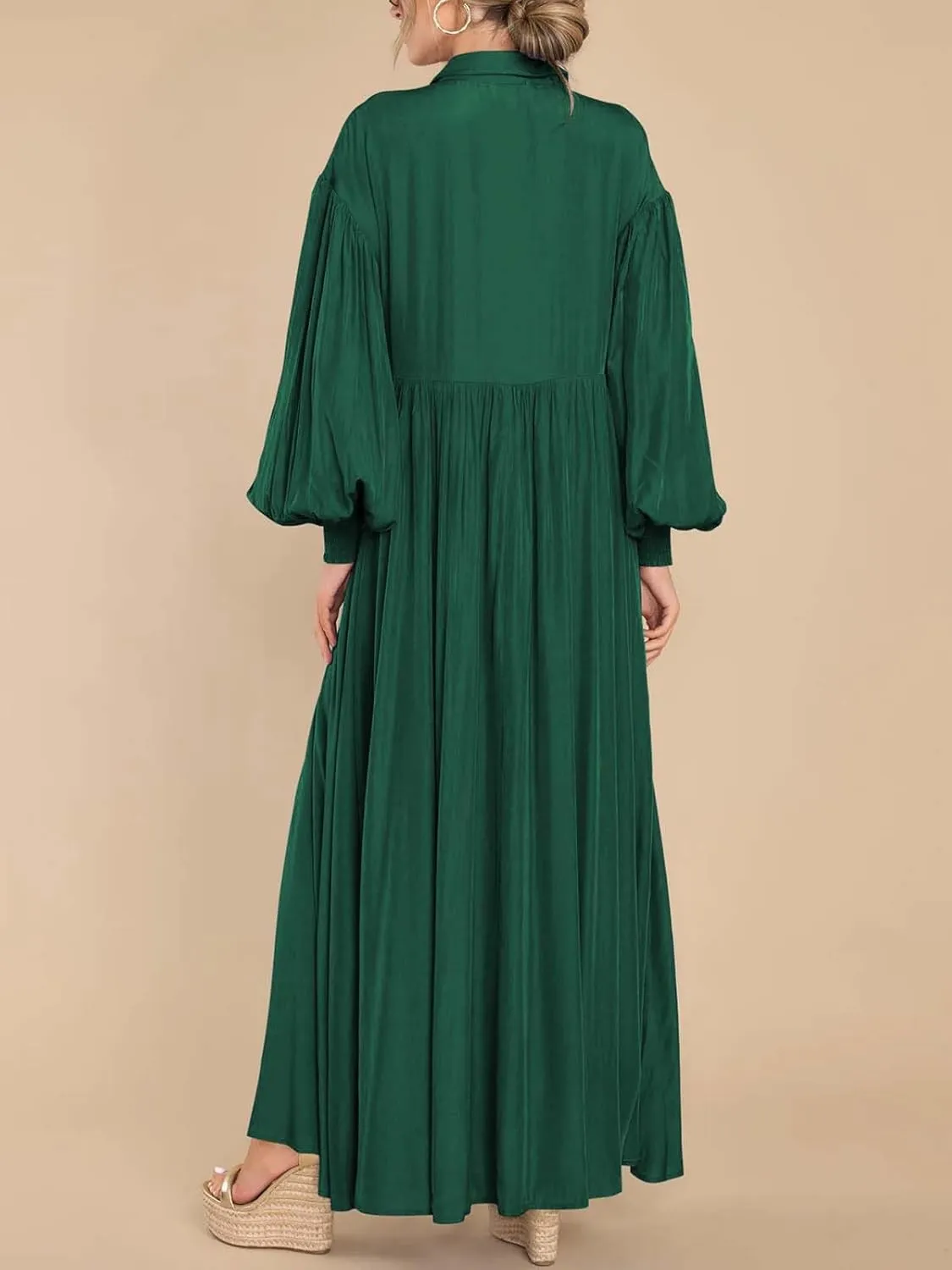 Women's Casual Pleated Long Dress Button Down Loose Fit Boho Beach Sun Dresses