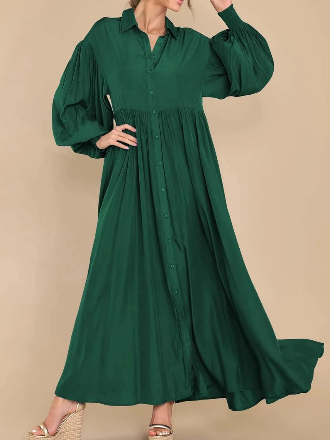 Women's Casual Pleated Long Dress Button Down Loose Fit Boho Beach Sun Dresses