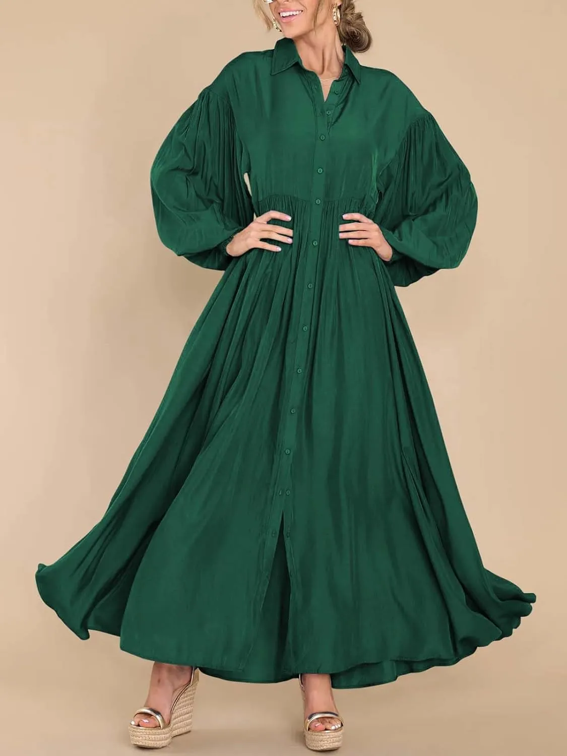 Women's Casual Pleated Long Dress Button Down Loose Fit Boho Beach Sun Dresses