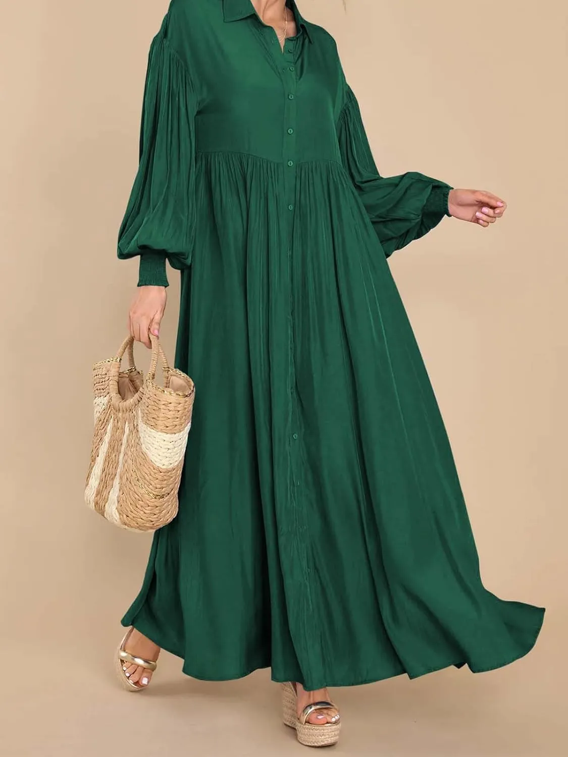 Women's Casual Pleated Long Dress Button Down Loose Fit Boho Beach Sun Dresses