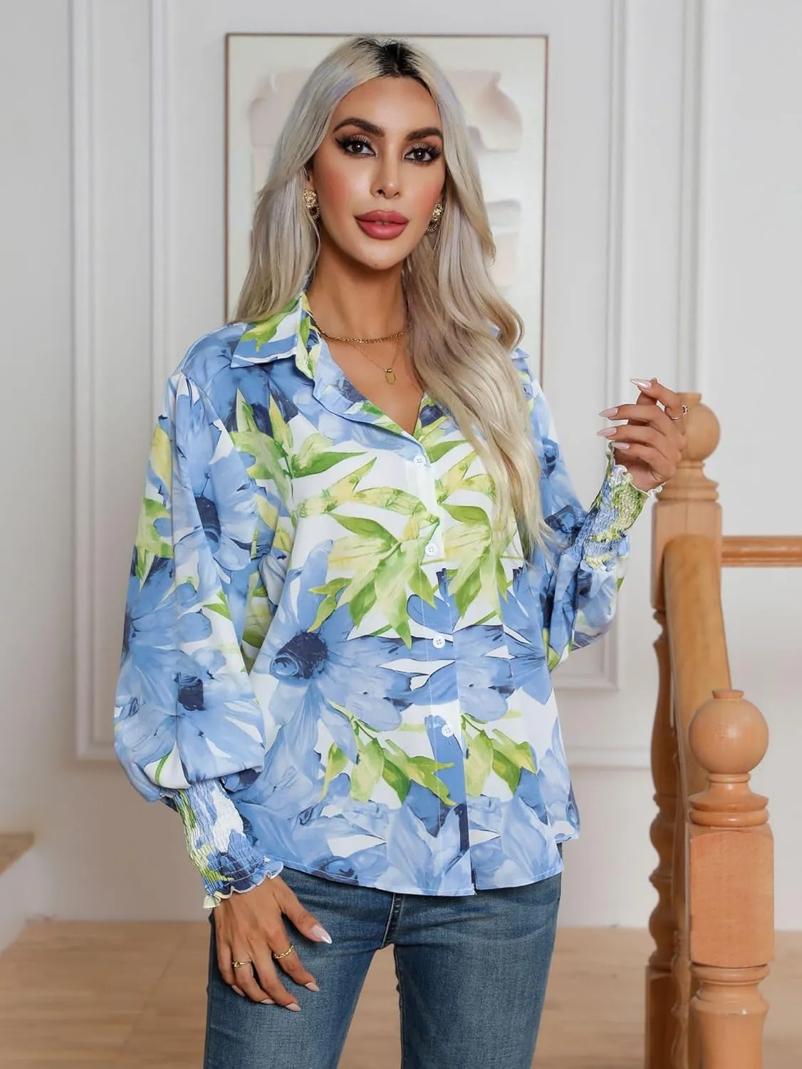 Women's Floral Print Blouse Long Sleeve Button Down Shirts Casual Dressy Blouse Shirts Tops