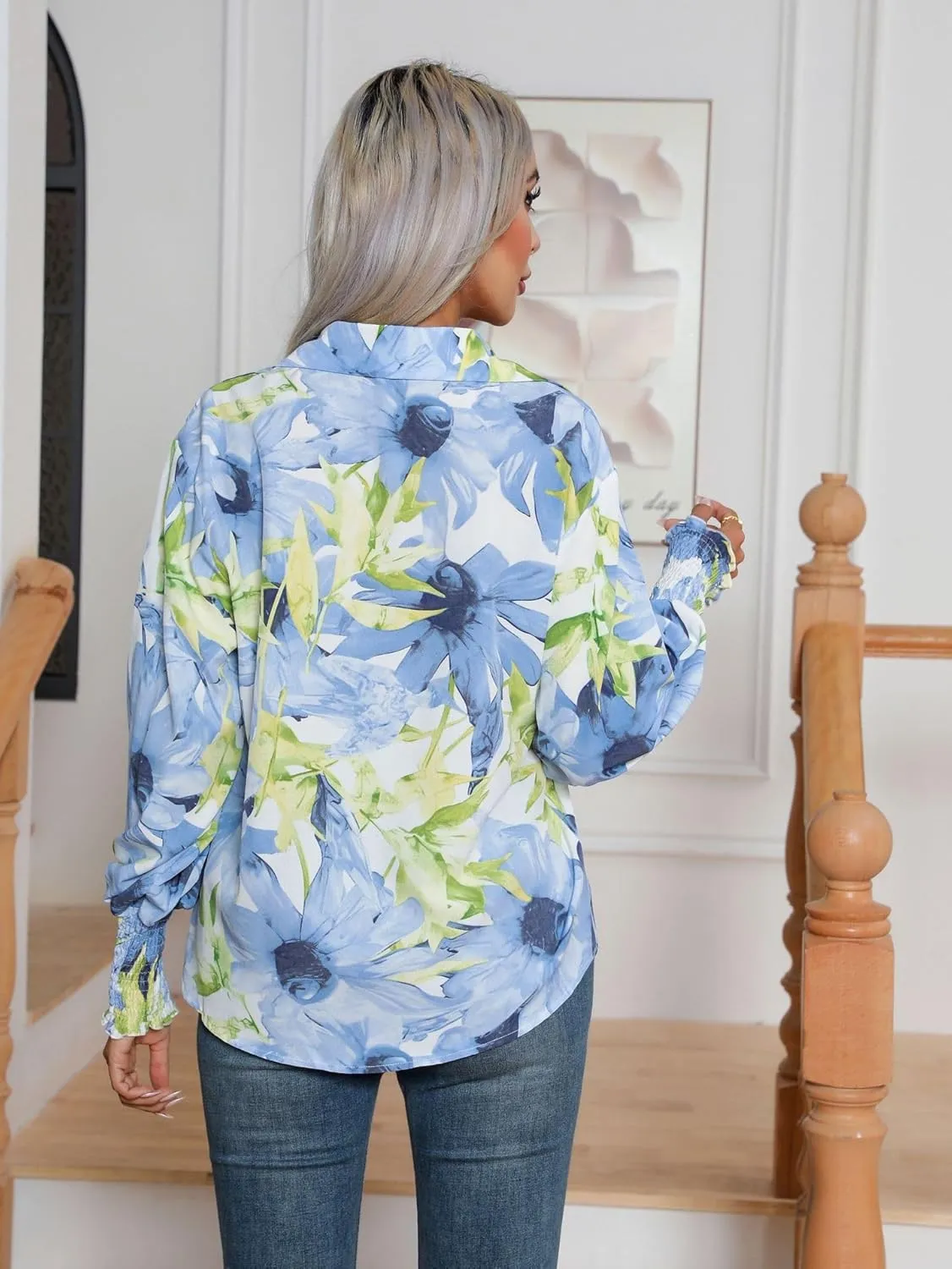 Women's Floral Print Blouse Long Sleeve Button Down Shirts Casual Dressy Blouse Shirts Tops