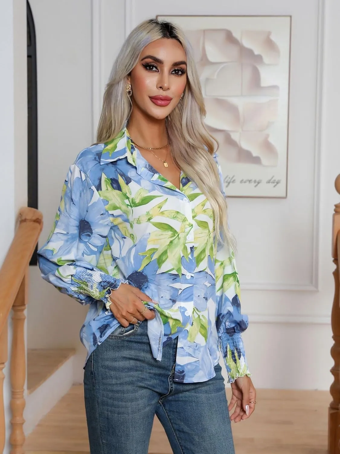 Women's Floral Print Blouse Long Sleeve Button Down Shirts Casual Dressy Blouse Shirts Tops