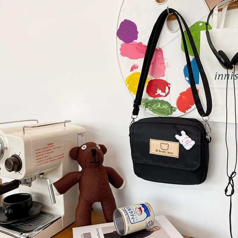 Women's Preppy Small Crossbody Purse with Pin and Pendant Kawaii Embroidery Bear Academic Japanese Shoulder Bag (black)