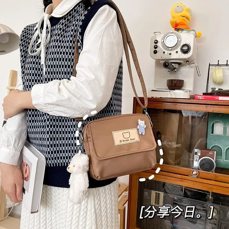 Women's Preppy Small Crossbody Purse with Pin and Pendant Kawaii Embroidery Bear Academic Japanese Shoulder Bag (brown)