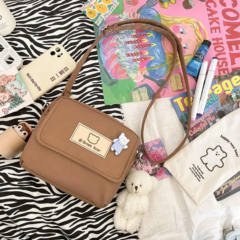 Women's Preppy Small Crossbody Purse with Pin and Pendant Kawaii Embroidery Bear Academic Japanese Shoulder Bag (brown)