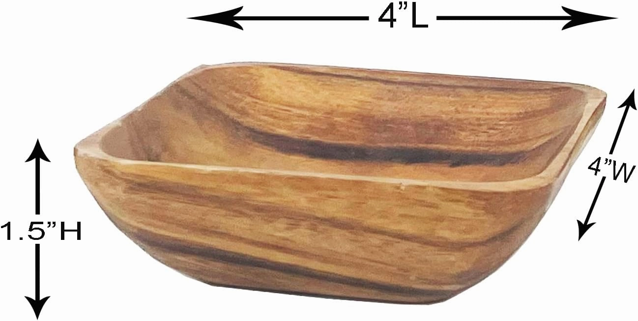 Woodard & Charles Acacia Wood 4" Individual Square Serving Bowl for Appetizers, Nuts, Candy, Rice, Fruit, Olives, Condiments, Hummus and More, Set of 4