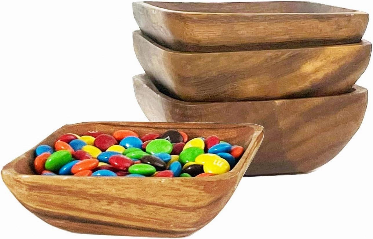 Woodard & Charles Acacia Wood 4" Individual Square Serving Bowl for Appetizers, Nuts, Candy, Rice, Fruit, Olives, Condiments, Hummus and More, Set of 4
