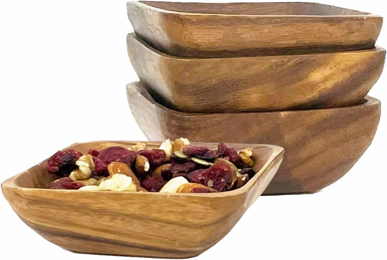 Woodard & Charles Acacia Wood 4" Individual Square Serving Bowl for Appetizers, Nuts, Candy, Rice, Fruit, Olives, Condiments, Hummus and More, Set of 4