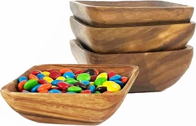 Woodard & Charles Acacia Wood 4" Individual Square Serving Bowl for Appetizers, Nuts, Candy, Rice, Fruit, Olives, Condiments, Hummus and More, Set of 4