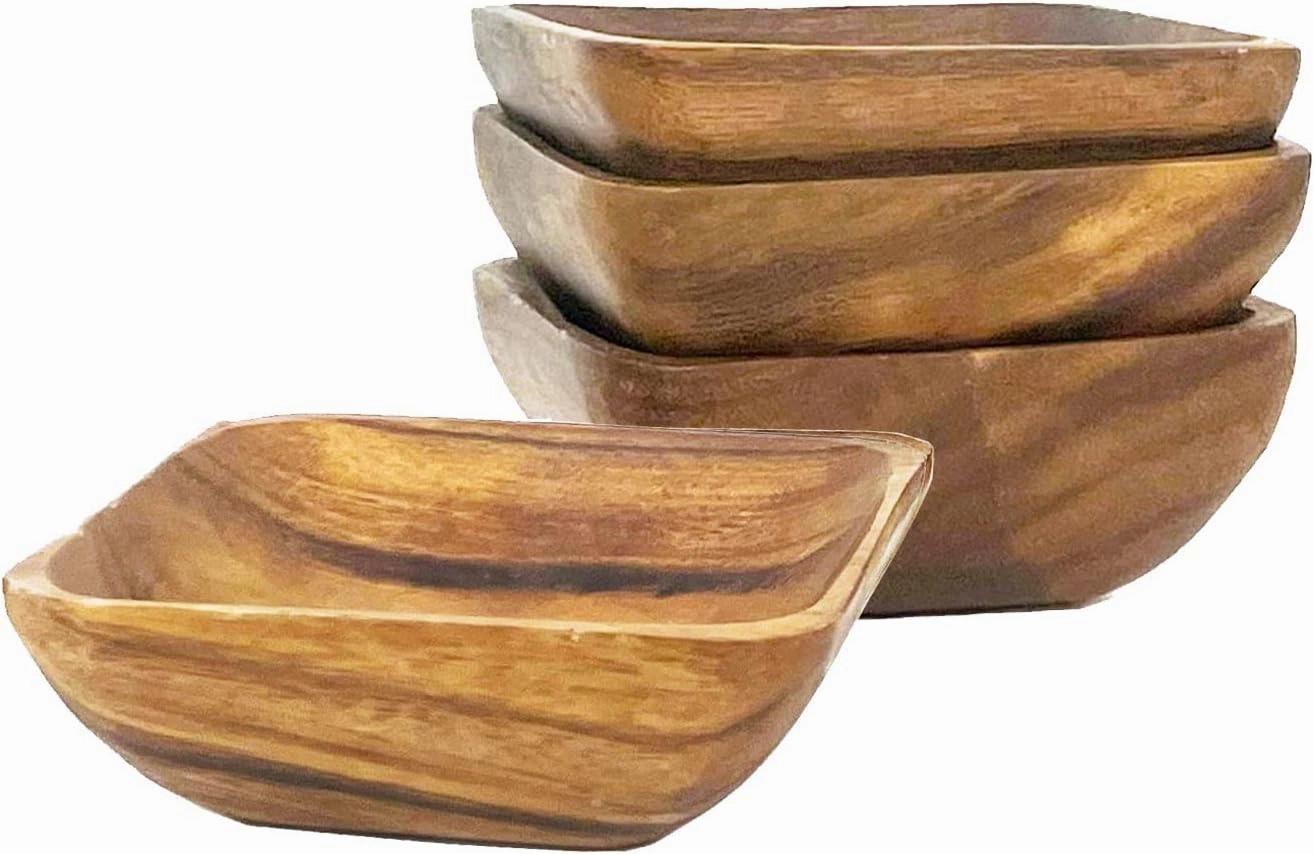 Woodard & Charles Acacia Wood 4" Individual Square Serving Bowl for Appetizers, Nuts, Candy, Rice, Fruit, Olives, Condiments, Hummus and More, Set of 4