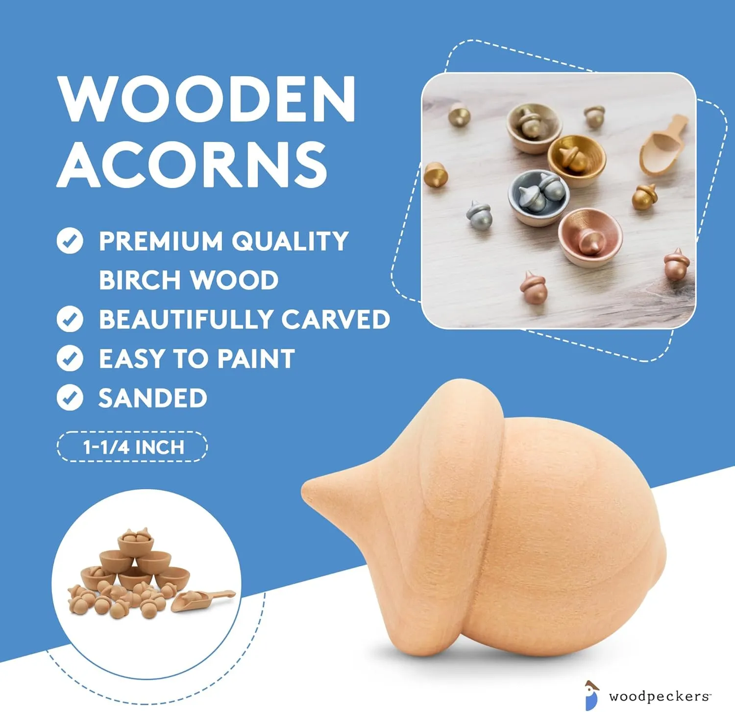 Wooden Acorns 1-1/4 Inch, Bag of 50 Natural Wood Counting & Sorting Decor Crafts Kit DIY by Woodpeckers