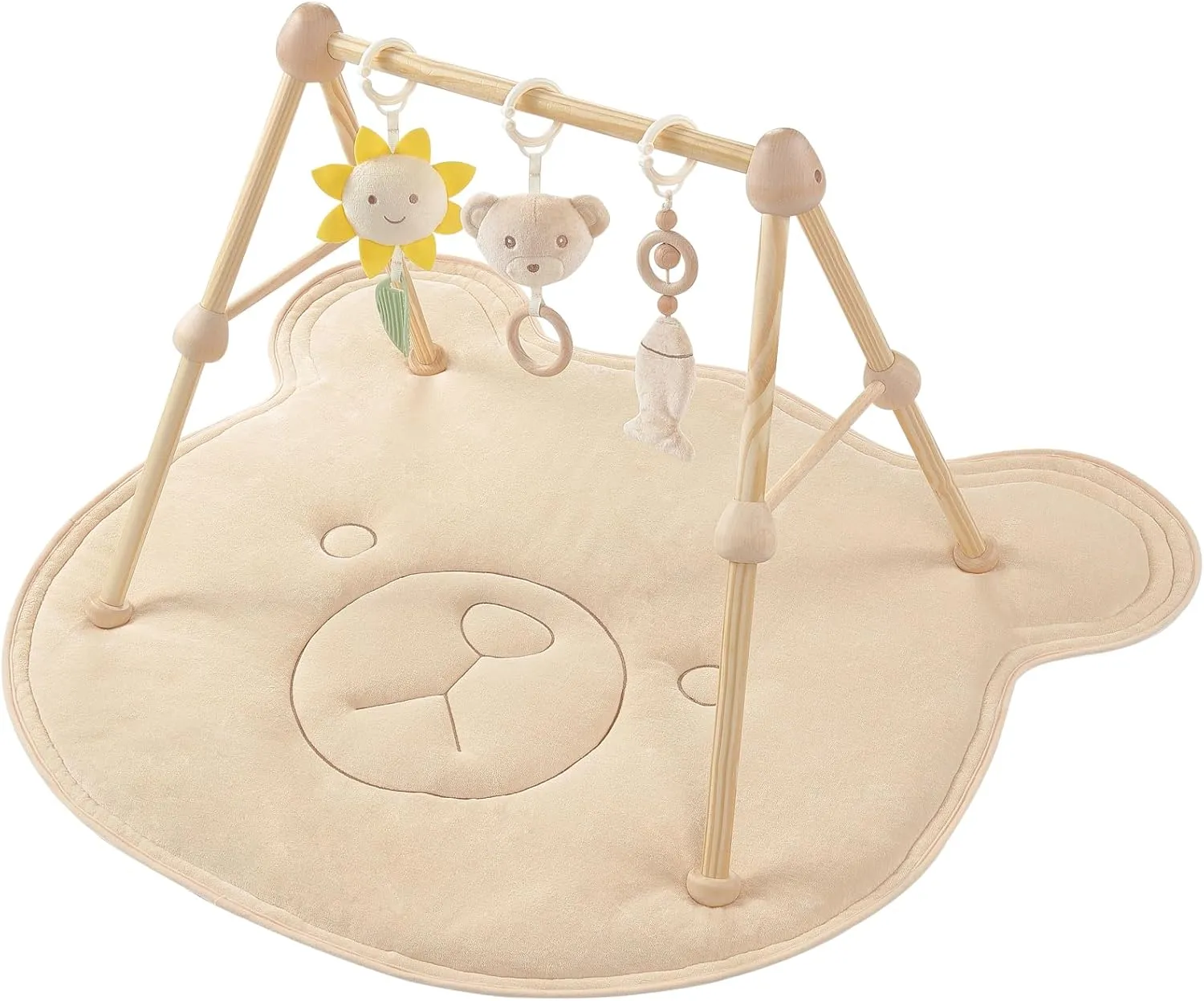 Wooden Baby Gym Cotton Play Mat, 4-in-1 Super Soft Infant Activity Tummy Time Playmat for 0 to 3 6 9 12 36 Months Babies, Removable Toys for Sensory & Motor Skill Development, Bear