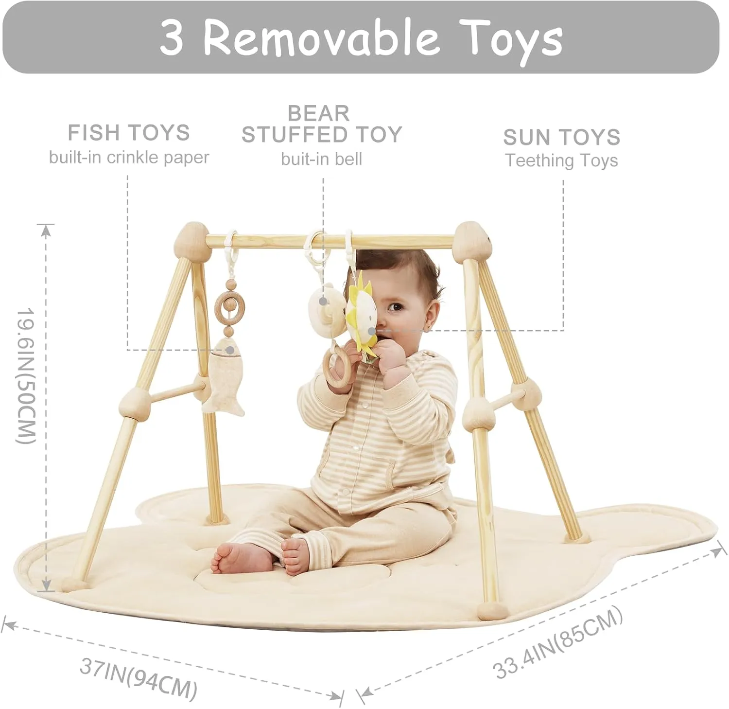 Wooden Baby Gym Cotton Play Mat, 4-in-1 Super Soft Infant Activity Tummy Time Playmat for 0 to 3 6 9 12 36 Months Babies, Removable Toys for Sensory & Motor Skill Development, Bear
