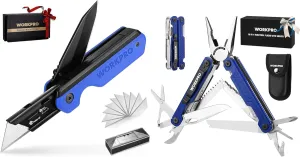 WORKPRO 2-in-1 Folding Knife/Utility Knife - Gifts for Dad & 18-in-1 Multi Tool Pliers, Blue