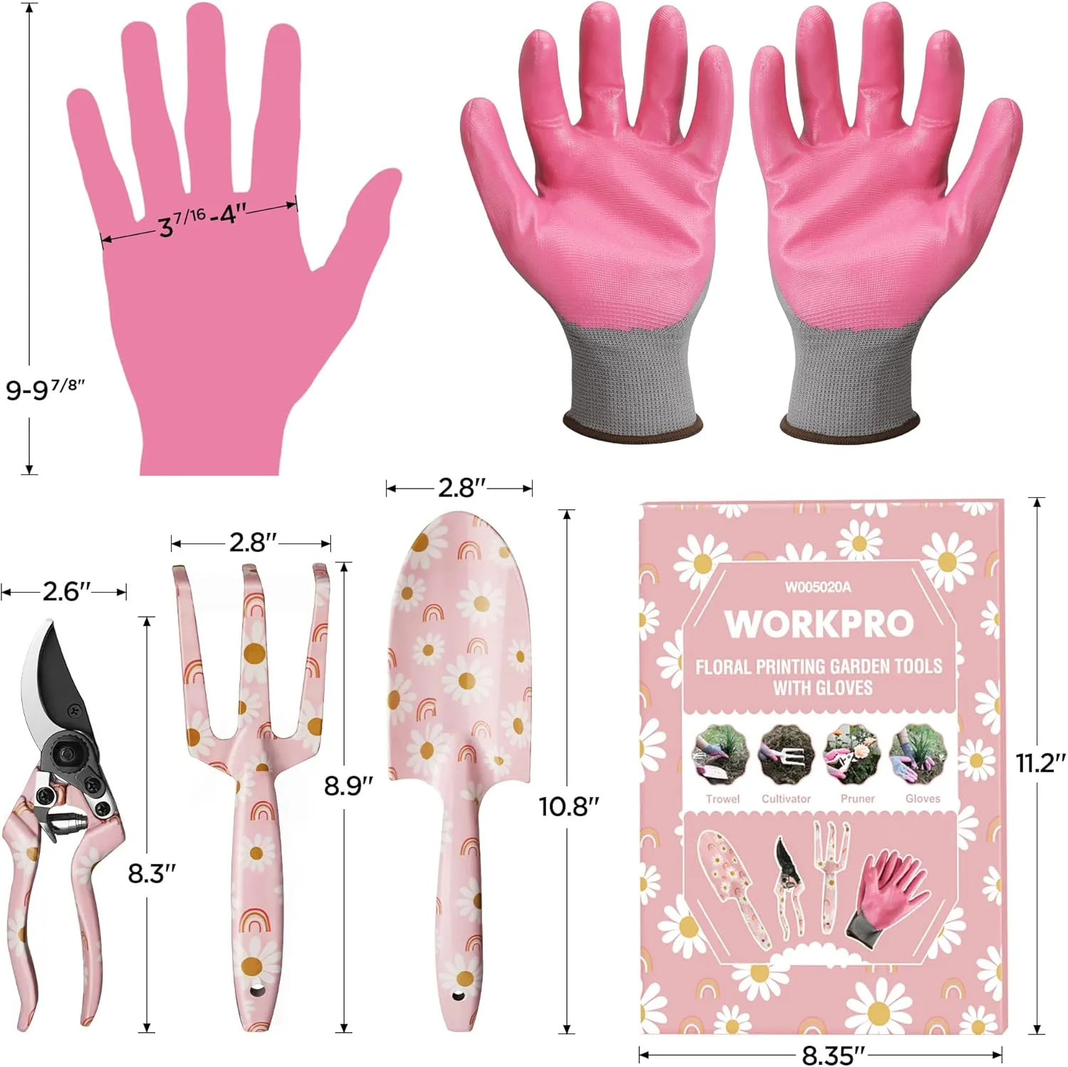 WORKPRO Aluminum Garden Tool Set, 4PCS Heavy Duty Gardening Tools with Box Include Trowel, Rake, Pruner, Gloves, Pink, Garden Gifts