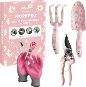 WORKPRO Aluminum Garden Tool Set, 4PCS Heavy Duty Gardening Tools with Box Include Trowel, Rake, Pruner, Gloves, Pink, Garden Gifts