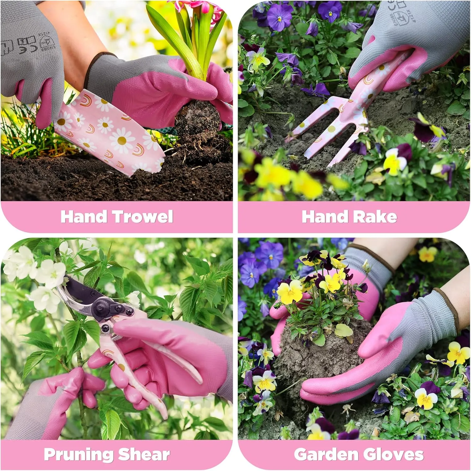WORKPRO Aluminum Garden Tool Set, 4PCS Heavy Duty Gardening Tools with Box Include Trowel, Rake, Pruner, Gloves, Pink, Garden Gifts