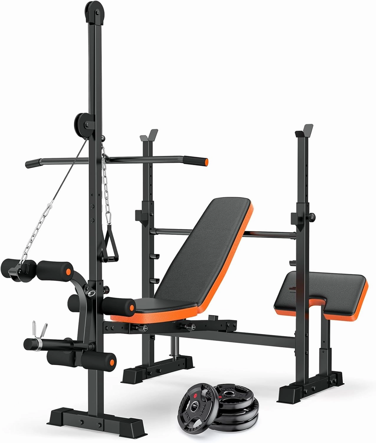XDDIAS Bench Press Set, 880LBS Adjustable Weight Bench with Leg Extension and Preacher Curl Pad, 8 IN 1 Multi-Function Gym Bench with LAT Pulldown Pulley System, Full-Body Workout Home Gym Equipment