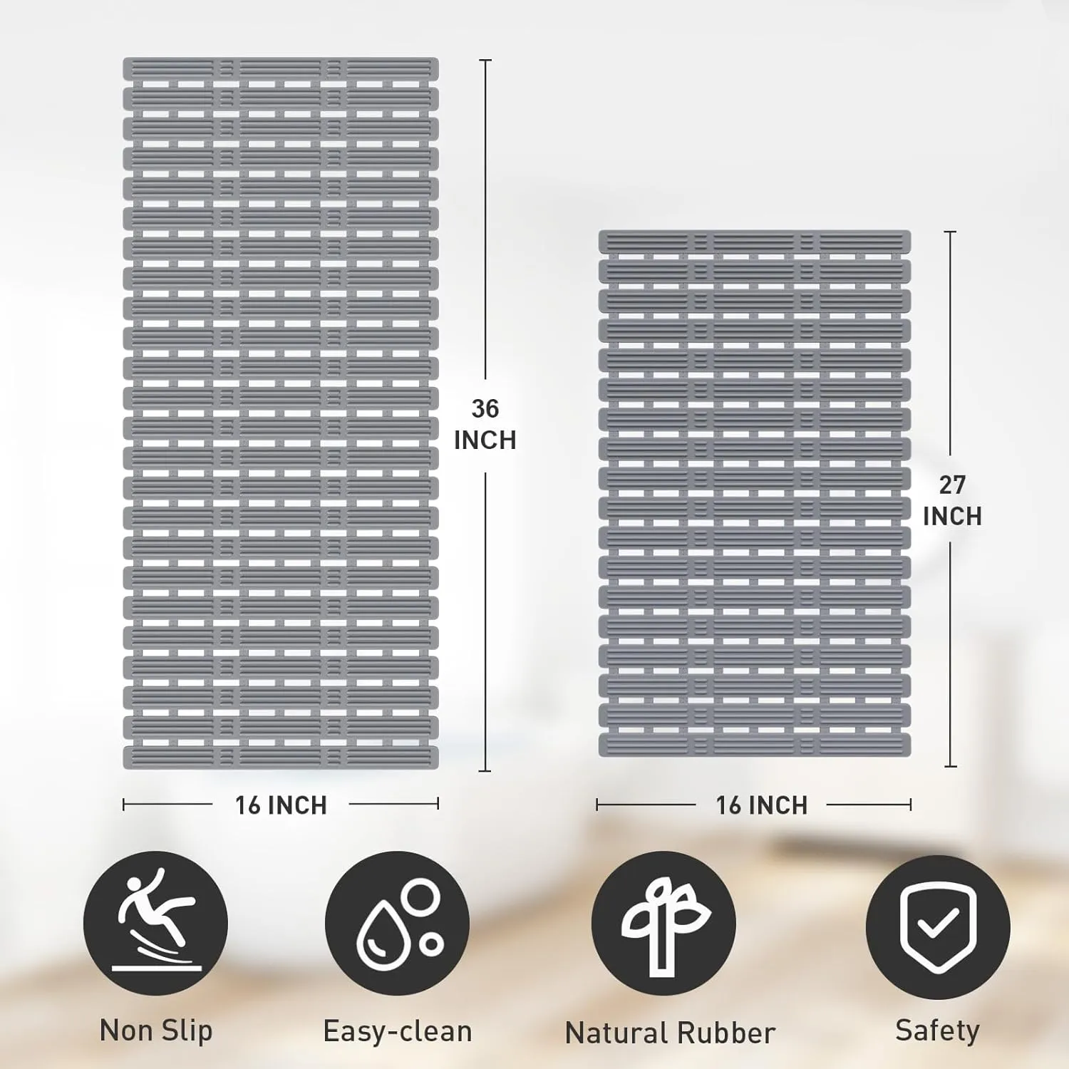 XIYUNTE Rubber Bath Mat for Tub Non Slip, 36 x 16 inches Bathtub Mat Non Slip Shower Mats for Inside Shower, Safety Anti Slip Shower Mat with Suction Cups and Drain Holes, Easy to Cut, Ink Gray