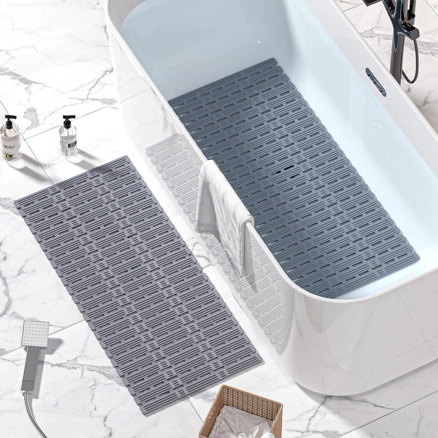 XIYUNTE Rubber Bath Mat for Tub Non Slip, 36 x 16 inches Bathtub Mat Non Slip Shower Mats for Inside Shower, Safety Anti Slip Shower Mat with Suction Cups and Drain Holes, Easy to Cut, Ink Gray