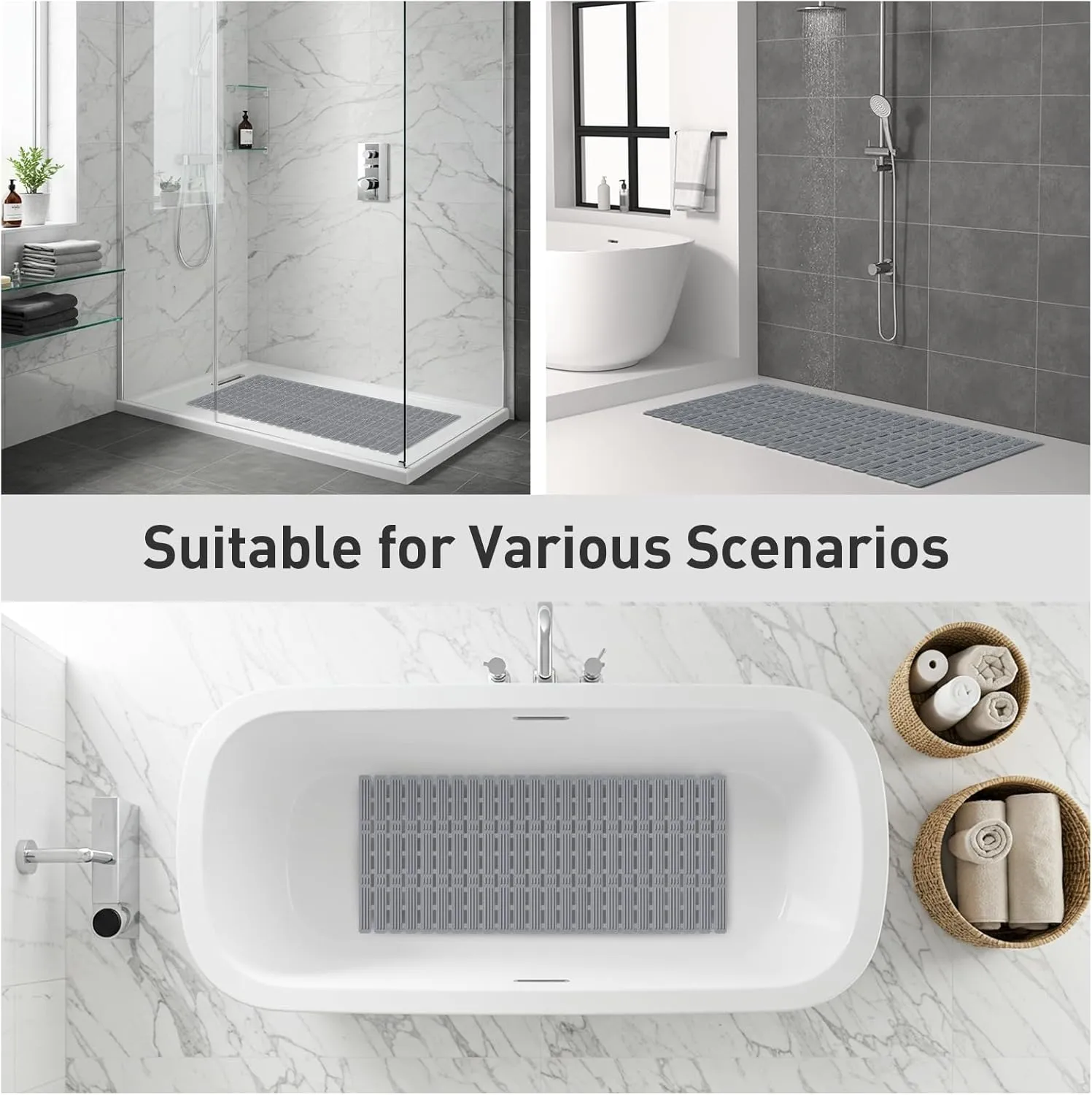 XIYUNTE Rubber Bath Mat for Tub Non Slip, 36 x 16 inches Bathtub Mat Non Slip Shower Mats for Inside Shower, Safety Anti Slip Shower Mat with Suction Cups and Drain Holes, Easy to Cut, Ink Gray