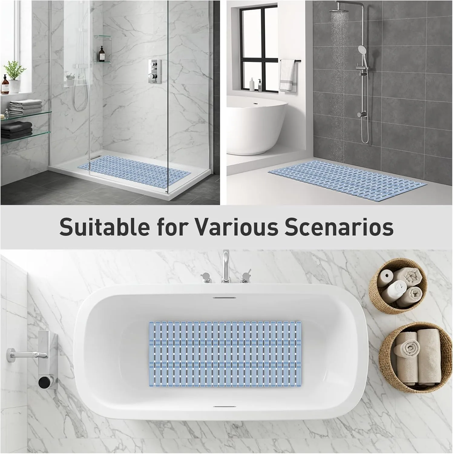 XIYUNTE Shower Mat Non Slip Bath Mat for Tub Non Slip Bathtub Mat - 36 x 16 inches Bath Tub Mat Anti Slip Shower Mats for Inside Shower with Powerful Suction Cups and Drain Holes, Blue