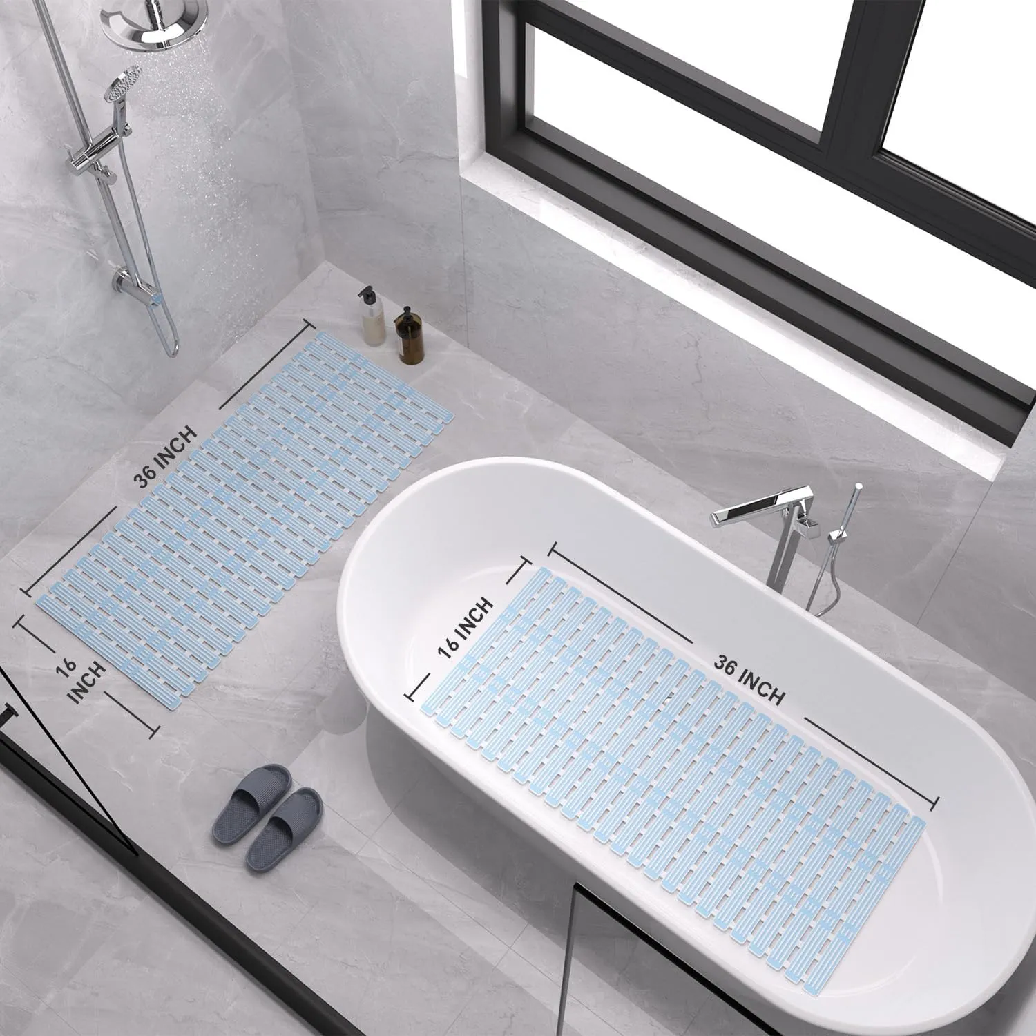 XIYUNTE Shower Mat Non Slip Bath Mat for Tub Non Slip Bathtub Mat - 36 x 16 inches Bath Tub Mat Anti Slip Shower Mats for Inside Shower with Powerful Suction Cups and Drain Holes, Blue