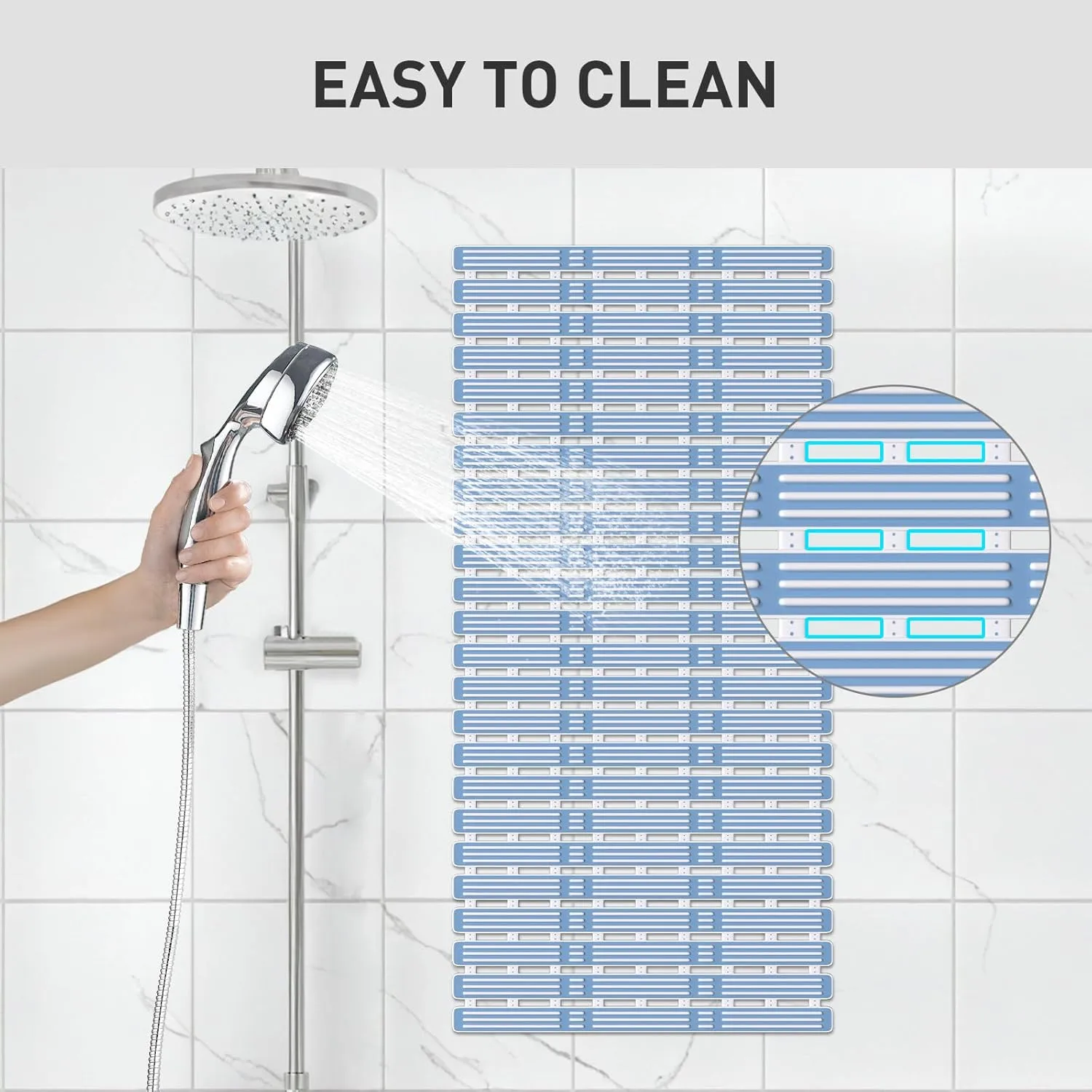 XIYUNTE Shower Mat Non Slip Bath Mat for Tub Non Slip Bathtub Mat - 36 x 16 inches Bath Tub Mat Anti Slip Shower Mats for Inside Shower with Powerful Suction Cups and Drain Holes, Blue
