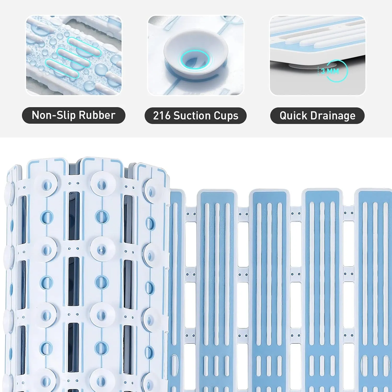XIYUNTE Shower Mat Non Slip Bath Mat for Tub Non Slip Bathtub Mat - 36 x 16 inches Bath Tub Mat Anti Slip Shower Mats for Inside Shower with Powerful Suction Cups and Drain Holes, Blue
