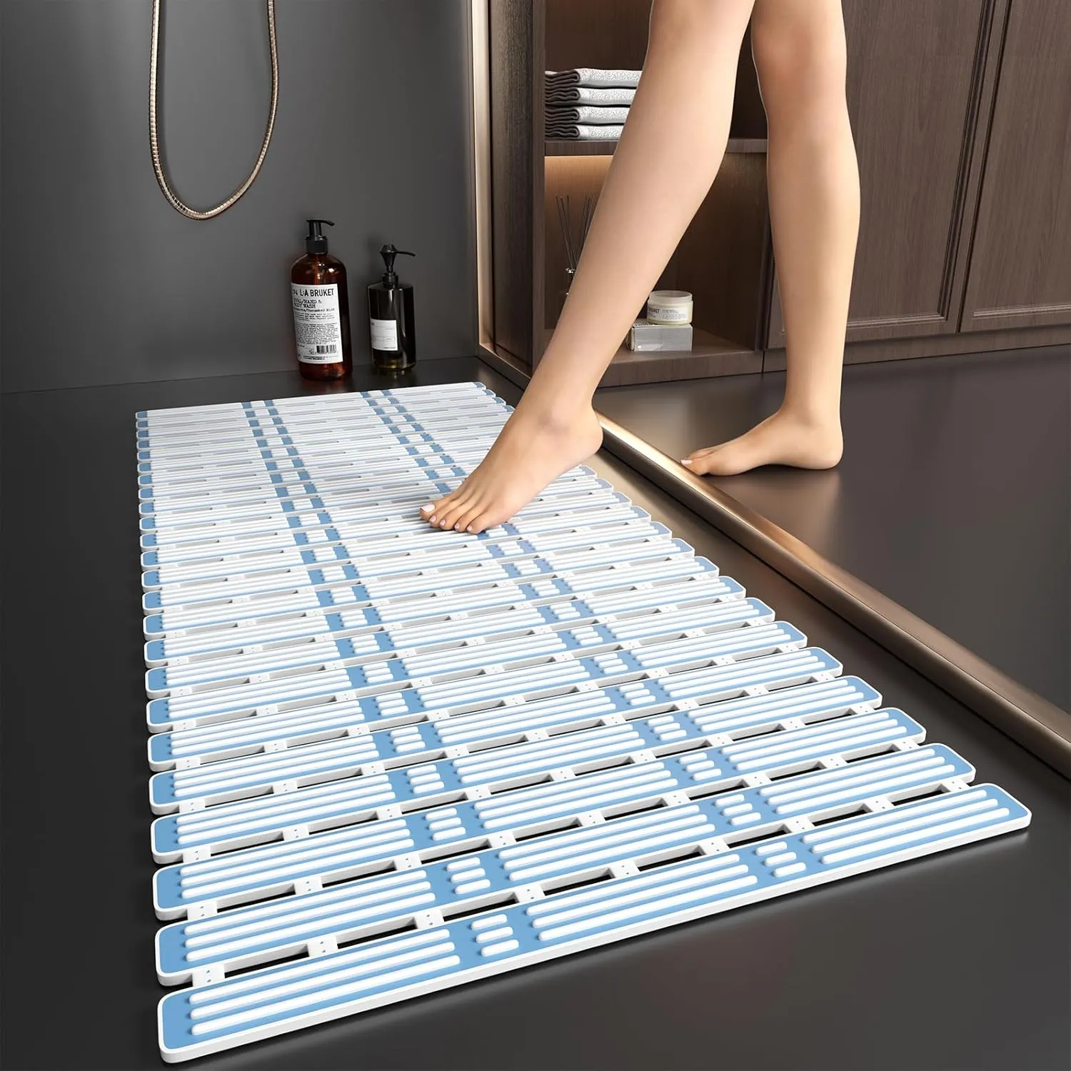 XIYUNTE Shower Mat Non Slip Bath Mat for Tub Non Slip Bathtub Mat - 36 x 16 inches Bath Tub Mat Anti Slip Shower Mats for Inside Shower with Powerful Suction Cups and Drain Holes, Blue