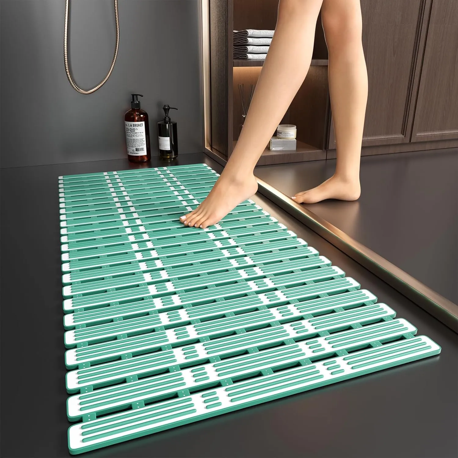 XIYUNTE Shower Mat Non Slip Bath Mat for Tub Non Slip Bathtub Mat - 36 x 16 inches Bath Tub Mat Anti Slip Shower Mats for Inside Shower with Powerful Suction Cups and Drain Holes, Green