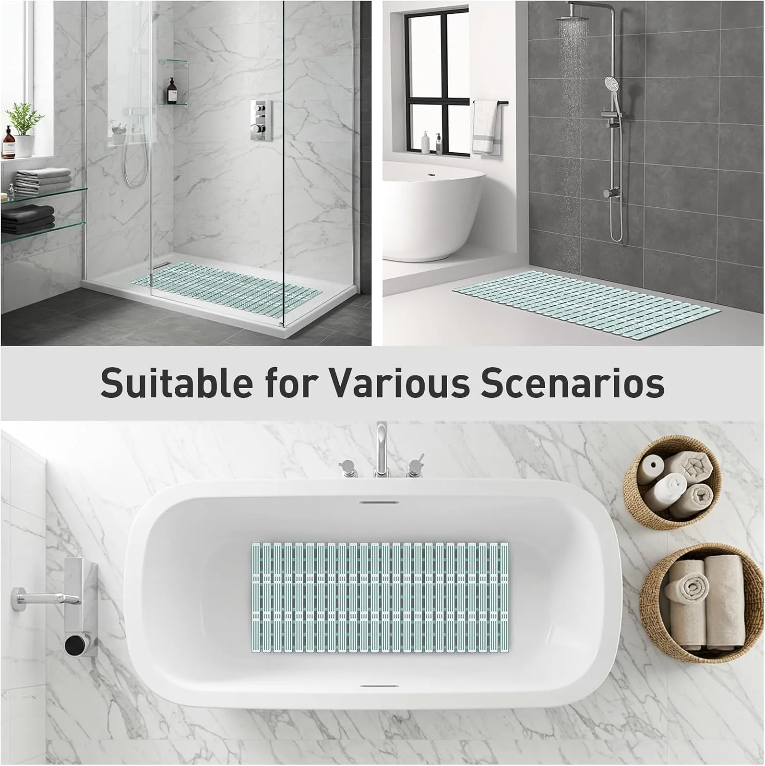 XIYUNTE Shower Mat Non Slip Bath Mat for Tub Non Slip Bathtub Mat - 36 x 16 inches Bath Tub Mat Anti Slip Shower Mats for Inside Shower with Powerful Suction Cups and Drain Holes, Green