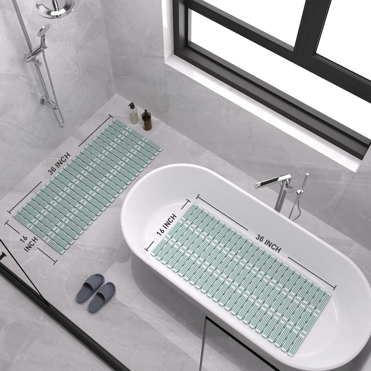 XIYUNTE Shower Mat Non Slip Bath Mat for Tub Non Slip Bathtub Mat - 36 x 16 inches Bath Tub Mat Anti Slip Shower Mats for Inside Shower with Powerful Suction Cups and Drain Holes, Green