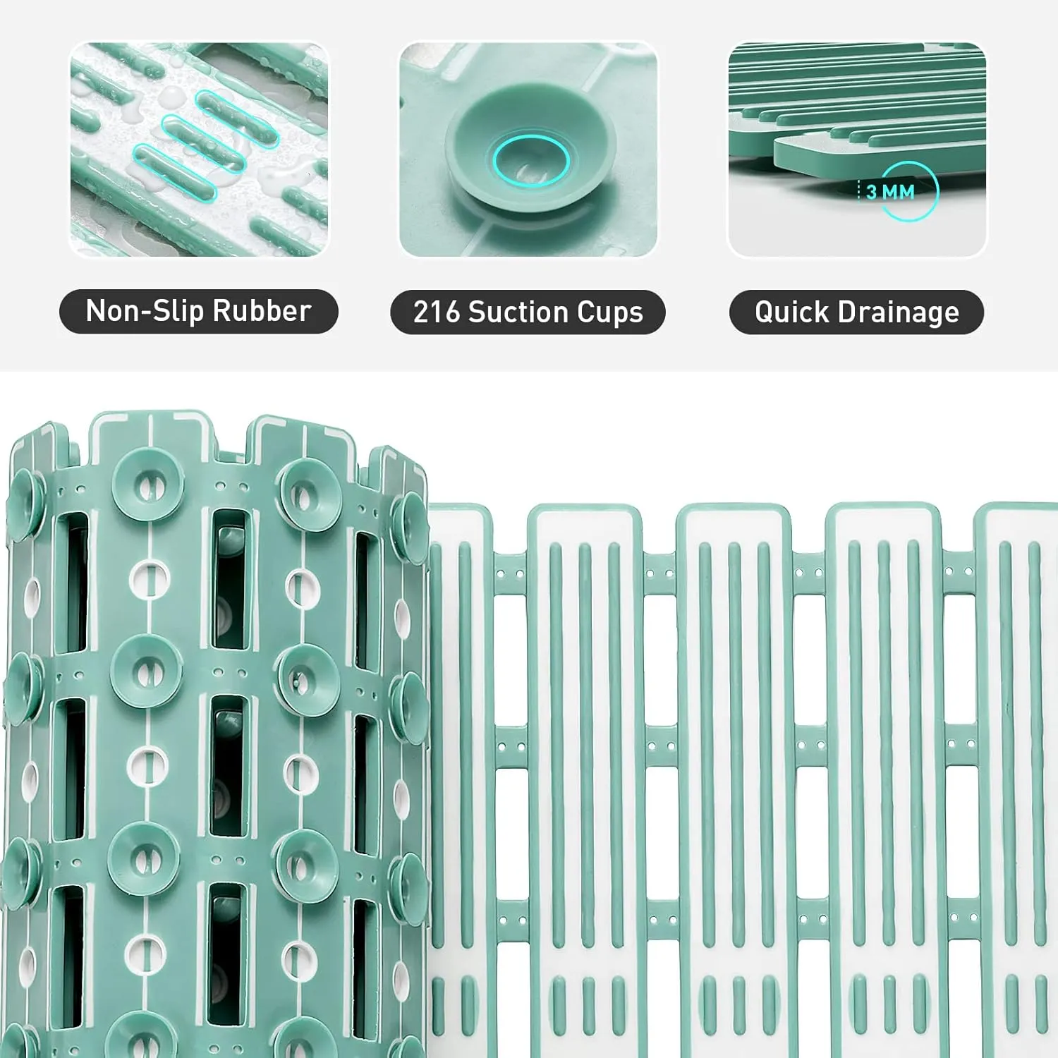 XIYUNTE Shower Mat Non Slip Bath Mat for Tub Non Slip Bathtub Mat - 36 x 16 inches Bath Tub Mat Anti Slip Shower Mats for Inside Shower with Powerful Suction Cups and Drain Holes, Green