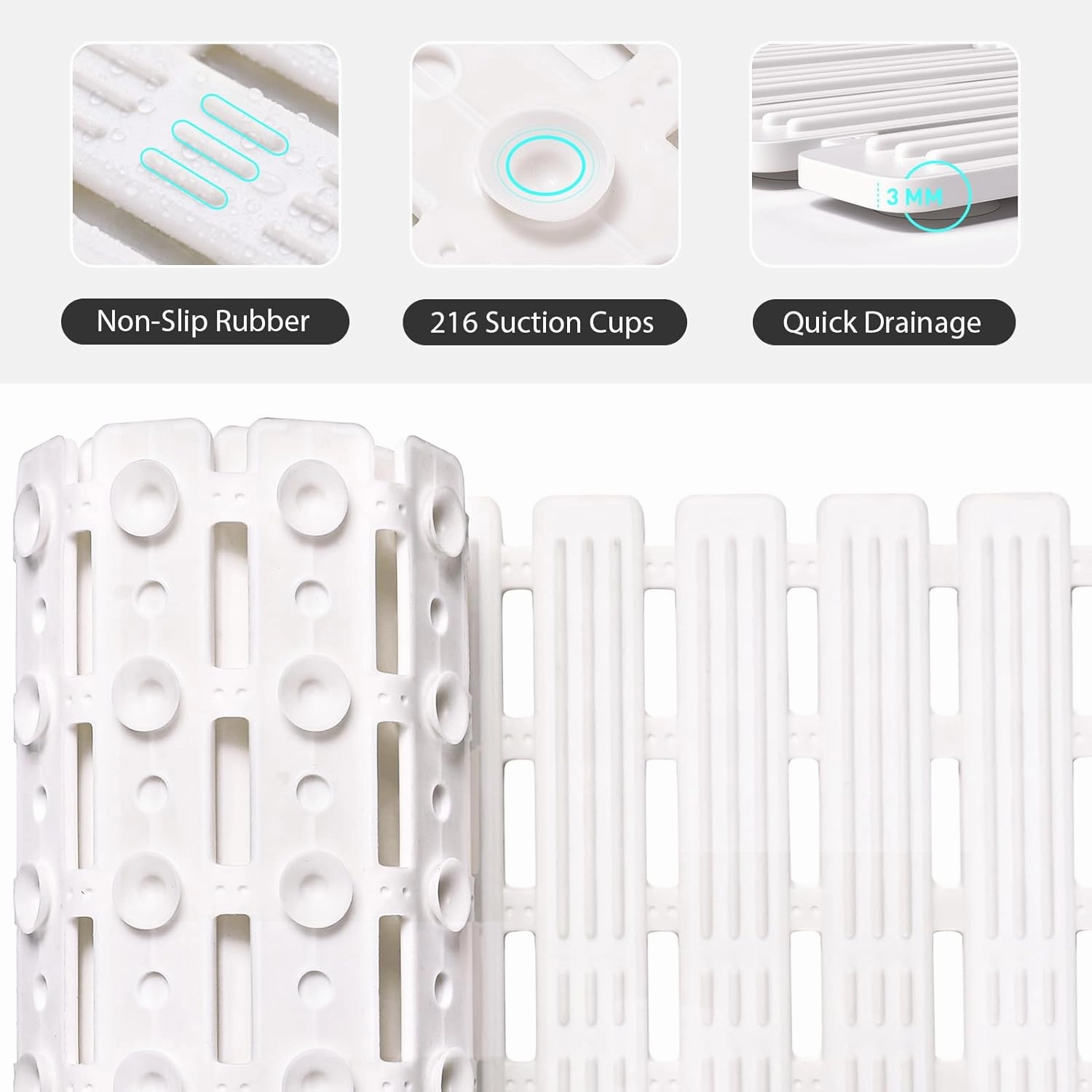 XIYUNTE Shower Mat Non Slip Bath Mat for Tub Non Slip Bathtub Mat - 36 x 16 inches Bath Tub Mat Anti Slip Shower Mats for Inside Shower with Powerful Suction Cups and Drain Holes, Cream White