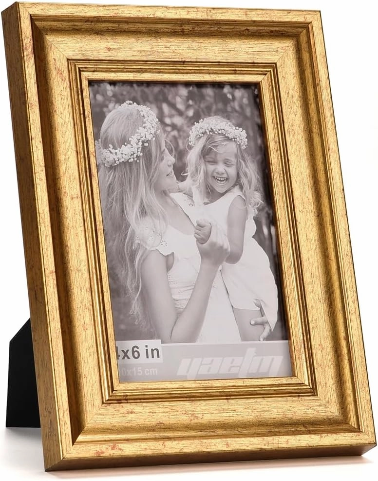 Yaetm 4x6 Gold Picture Frame Set of 4, 1.4” Wide Molding & Rustic Gold Photo Frames with HD Tempered Glass, Display on Tabletop & Wall Mounting