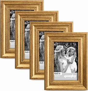 Yaetm 4x6 Gold Picture Frame Set of 4, 1.4” Wide Molding & Rustic Gold Photo Frames with HD Tempered Glass, Display on Tabletop & Wall Mounting