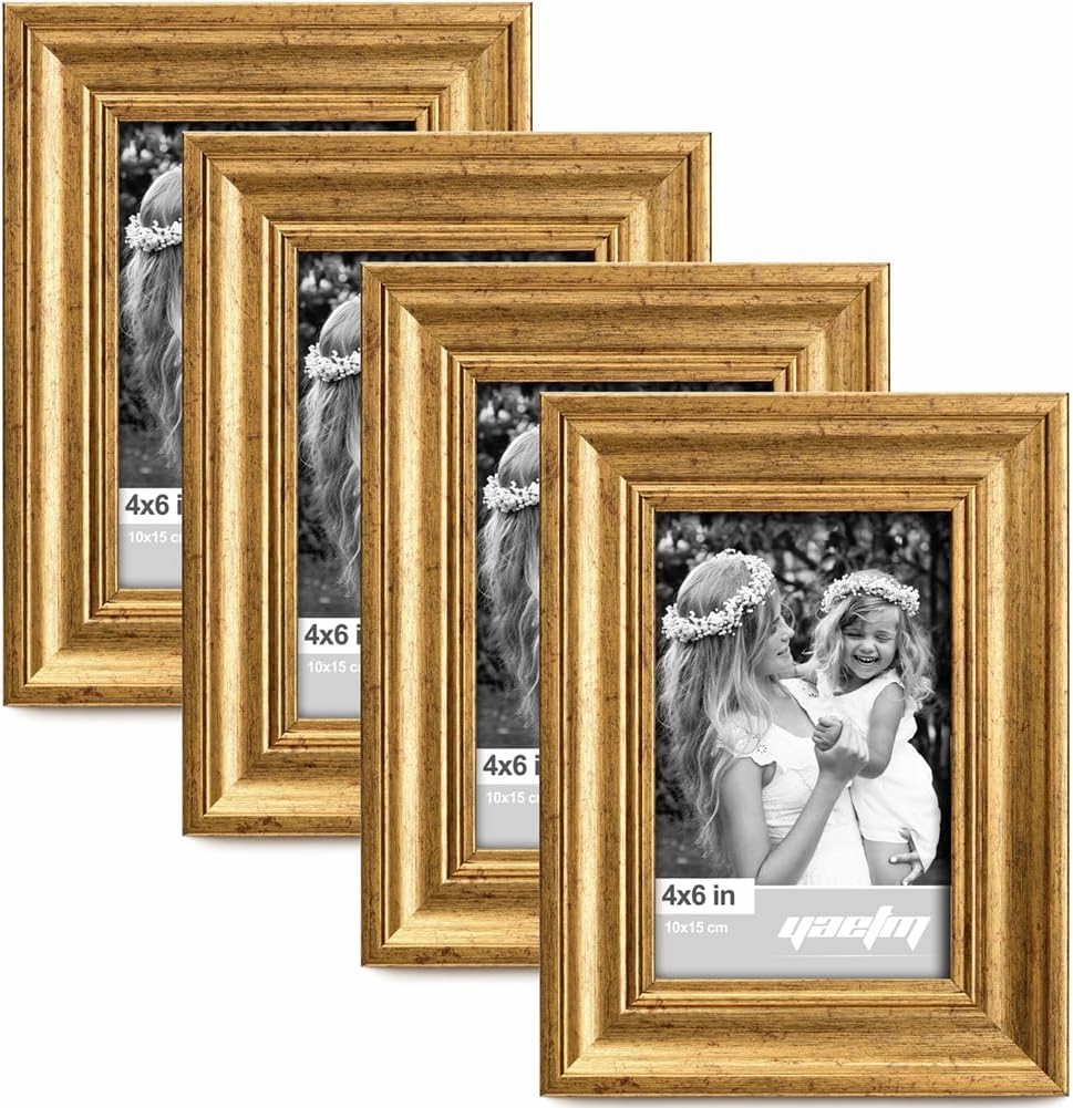 Yaetm 4x6 Gold Picture Frame Set of 4, 1.4” Wide Molding & Rustic Gold Photo Frames with HD Tempered Glass, Display on Tabletop & Wall Mounting