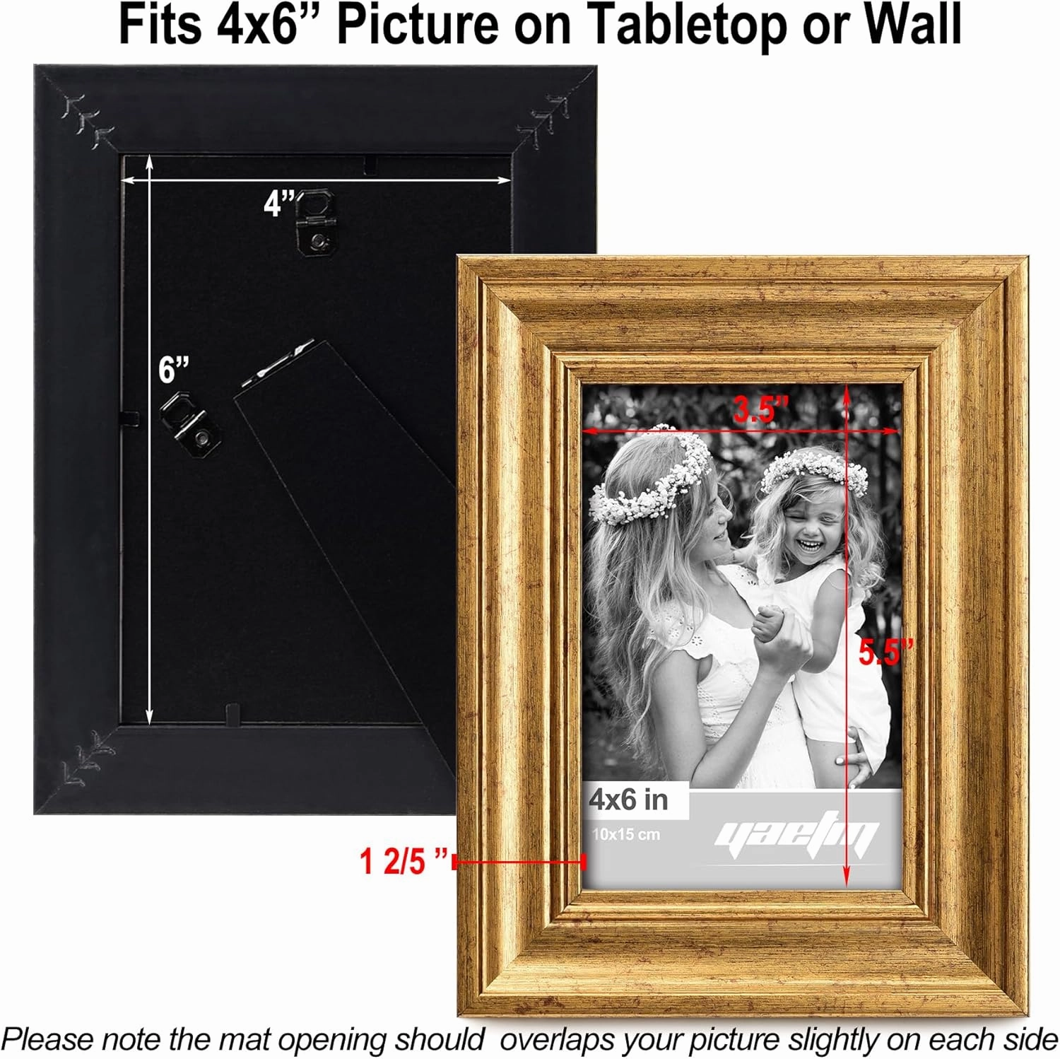 Yaetm 4x6 Gold Picture Frame Set of 4, 1.4” Wide Molding & Rustic Gold Photo Frames with HD Tempered Glass, Display on Tabletop & Wall Mounting