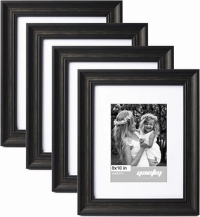 Yaetm Black 8x10 Picture Frame Matted to 5x7 Set of 4, 1.4” Wide Molding & Distressed Black Photo Frames 8 x 10 with HD Tempered Glass, Display on Tabletop & Wall Mounting, 4 Pack