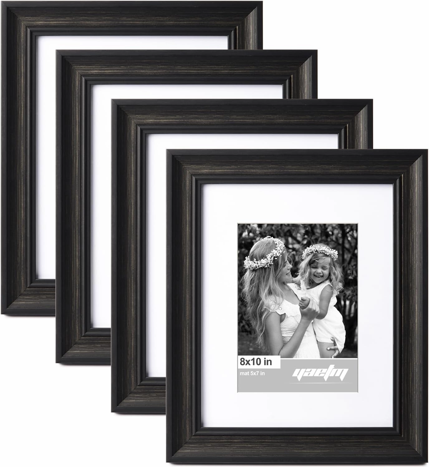 Yaetm Black 8x10 Picture Frame Matted to 5x7 Set of 4, 1.4” Wide Molding & Distressed Black Photo Frames 8 x 10 with HD Tempered Glass, Display on Tabletop & Wall Mounting, 4 Pack